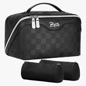 Black Checkered Toiletry Bag With Multiple Compartments